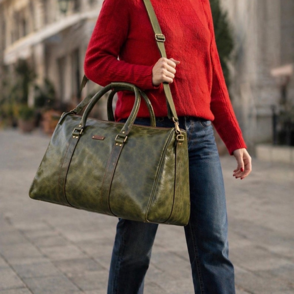 Handmade Green Buffalo Leather Duffel Bag